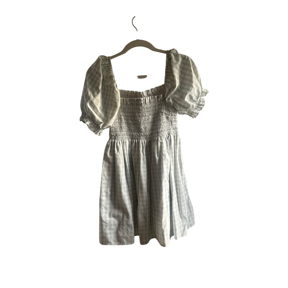 Abercrombie & Fitch Gingham Smocked Puff Sleeve Mini Dress Taupe Cottagecore S